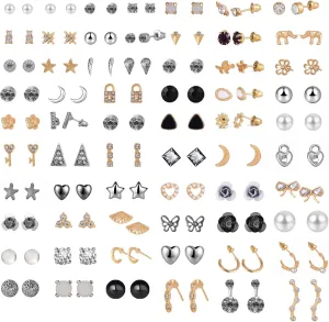 63 Pairs Dainty Stud Earrings Pack for Women Hypoallergenic Multiple Earrings Set Cute Moon Lock Stars Faux Pearl Studs Jewelry Gift