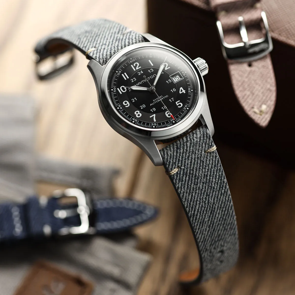 Arbour V-Stitch Denim Design Genuine Leather Watch Strap - Grey