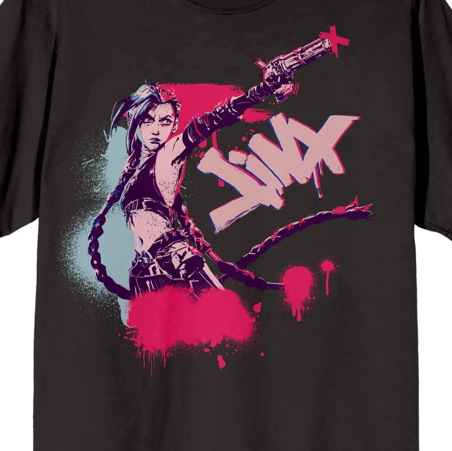 Arcane League of Legends Jinx Front & Back Art Adult Black Crew Neck Short Sleeve T-Shirt