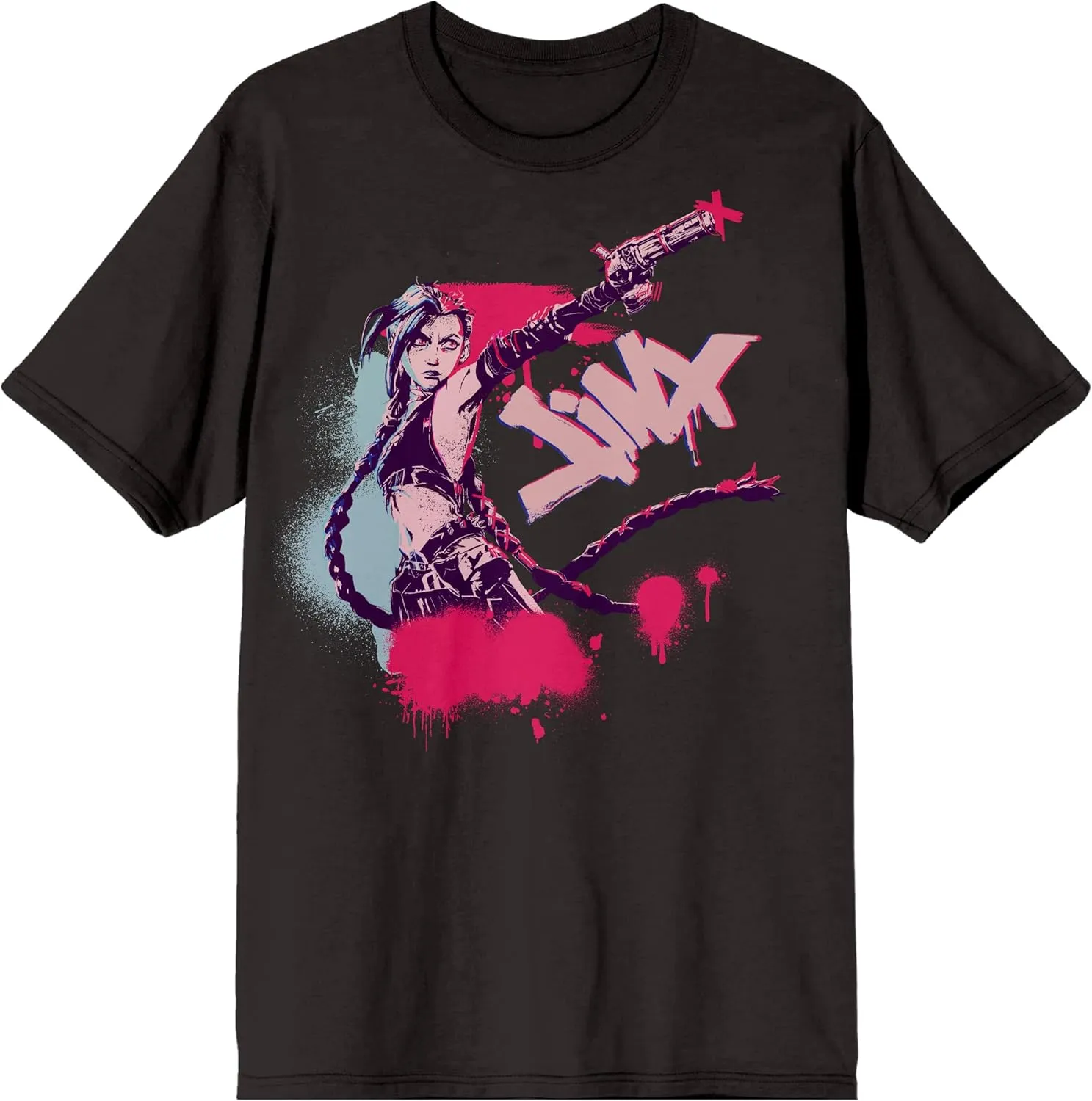 Arcane League of Legends Jinx Front & Back Art Adult Black Crew Neck Short Sleeve T-Shirt