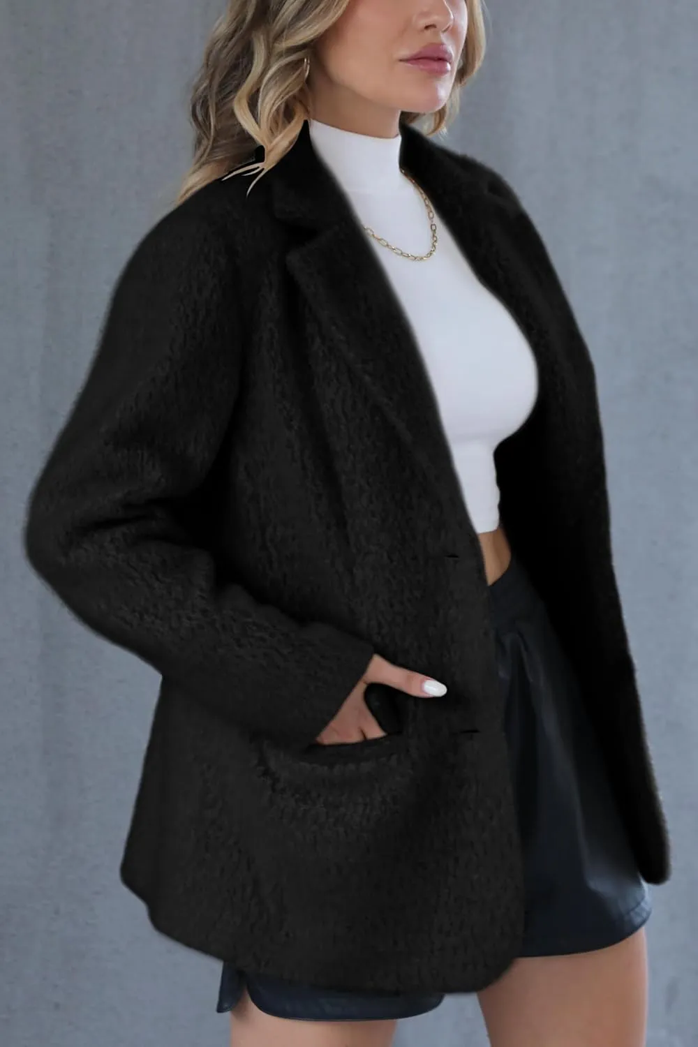 Bellivera Woman's Faux Leather Blazer Open Front Business Casual Jacket Mid-Length Spring Fashion Coat with Pockets