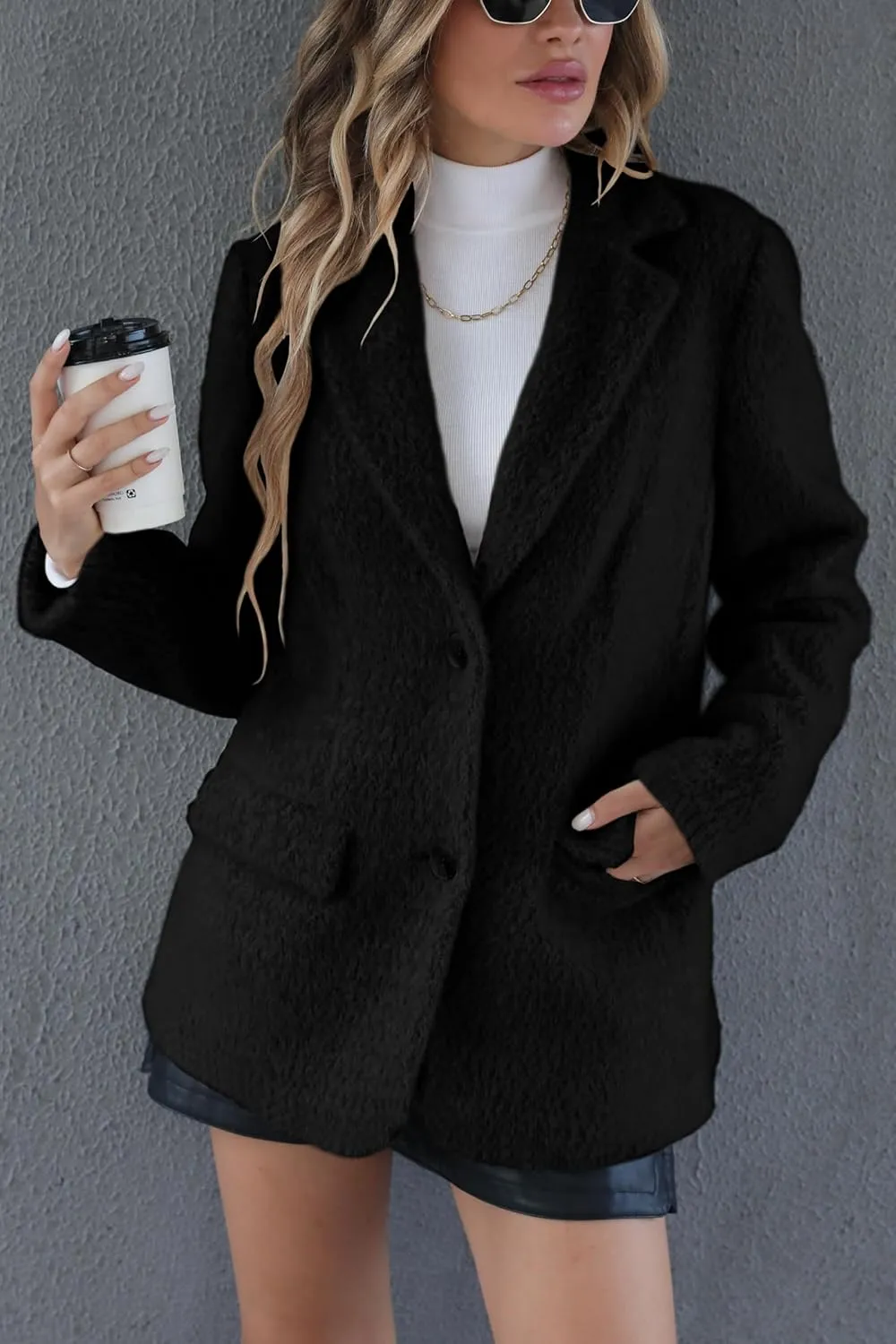 Bellivera Woman's Faux Leather Blazer Open Front Business Casual Jacket Mid-Length Spring Fashion Coat with Pockets