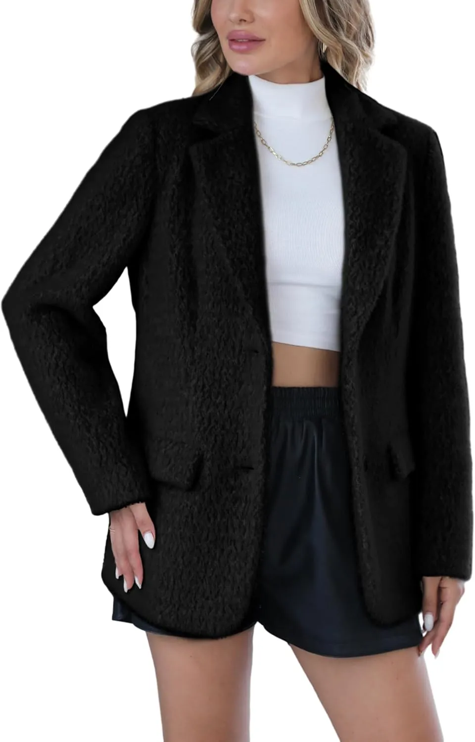 Bellivera Woman's Faux Leather Blazer Open Front Business Casual Jacket Mid-Length Spring Fashion Coat with Pockets