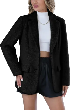 Bellivera Woman's Faux Leather Blazer Open Front Business Casual Jacket Mid-Length Spring Fashion Coat with Pockets