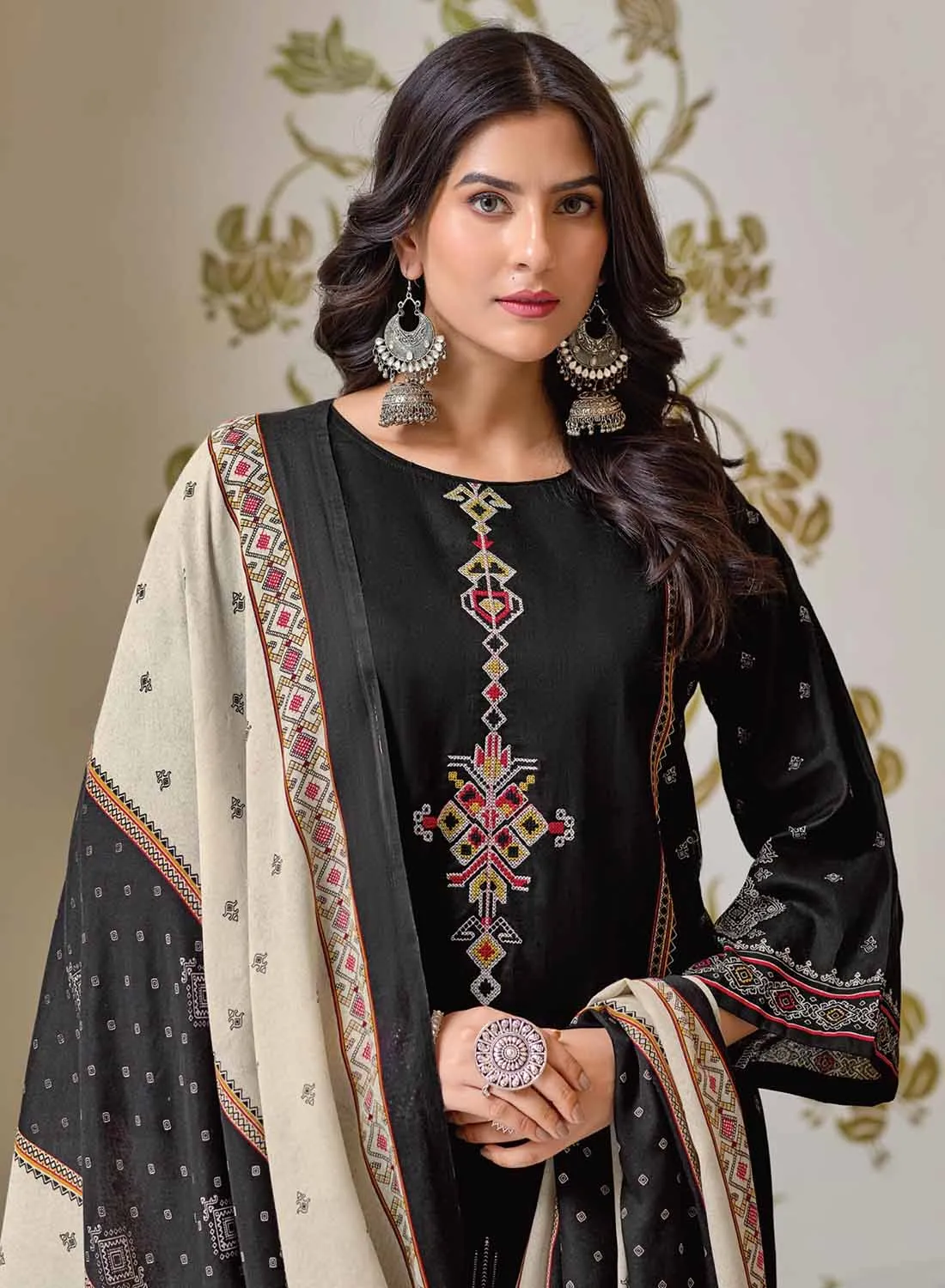 Black Unstitched Cambric Cotton Suit Dress Material with Embroidery
