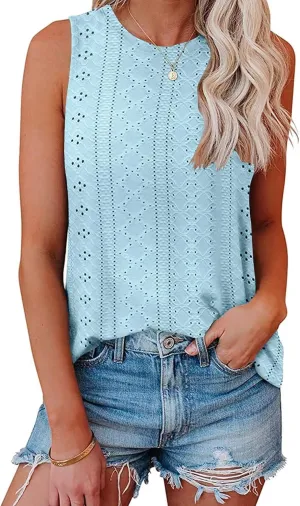 Bliwov Womens Summer Tank Tops Eyelet Embroidery Shirts Sleeveless Casual Beach Vacation Clothes Scoop Neck Basic Top Blue