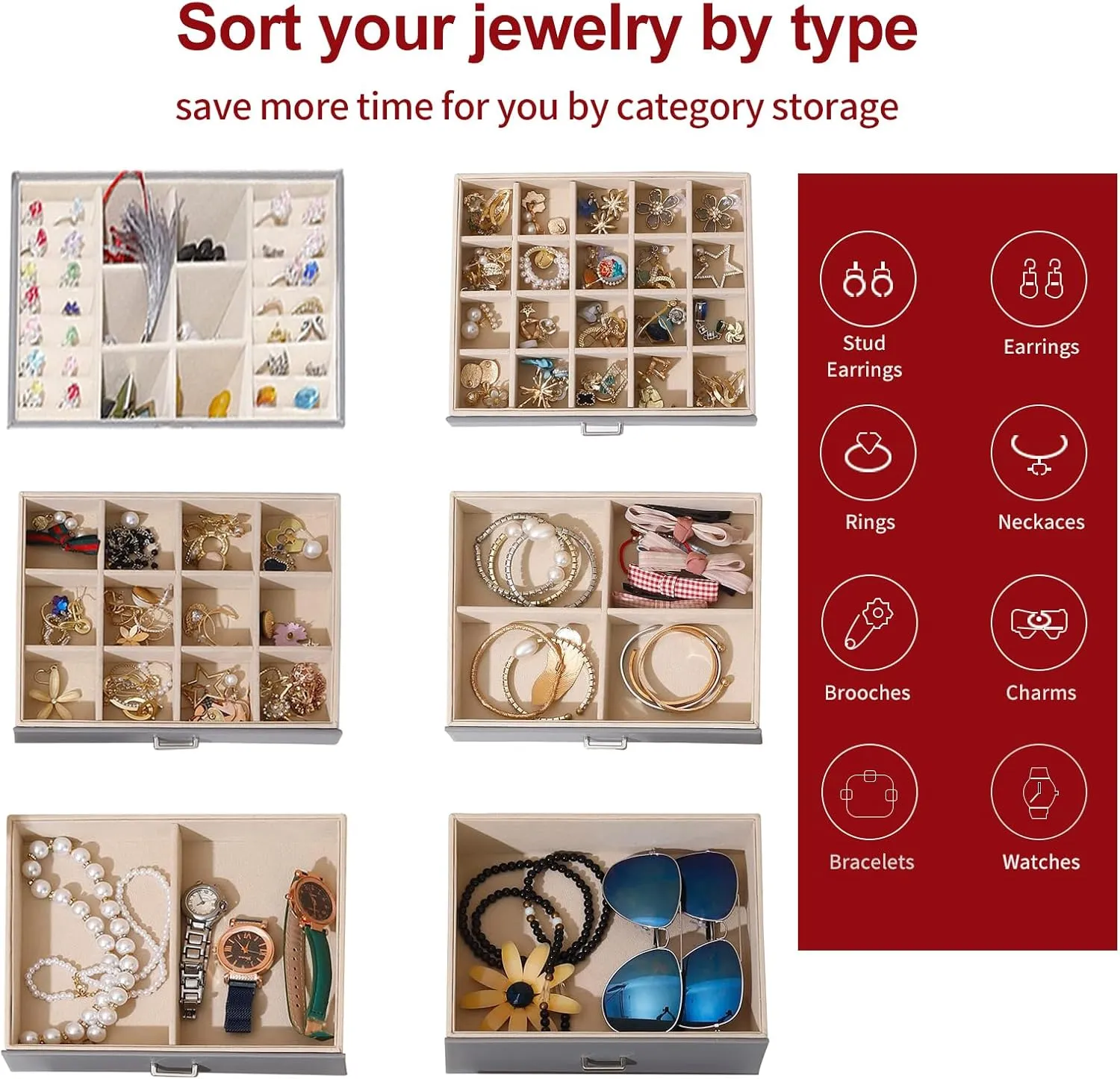 BOOVO Jewelry Box For women, 6 Layer Large Jewelry Organizer With Mirror, Multi-Function Storage Box With Lock, Accessory Holder With 5 Drawers, For Earrings Necklace Ring Bracelet (Gray)