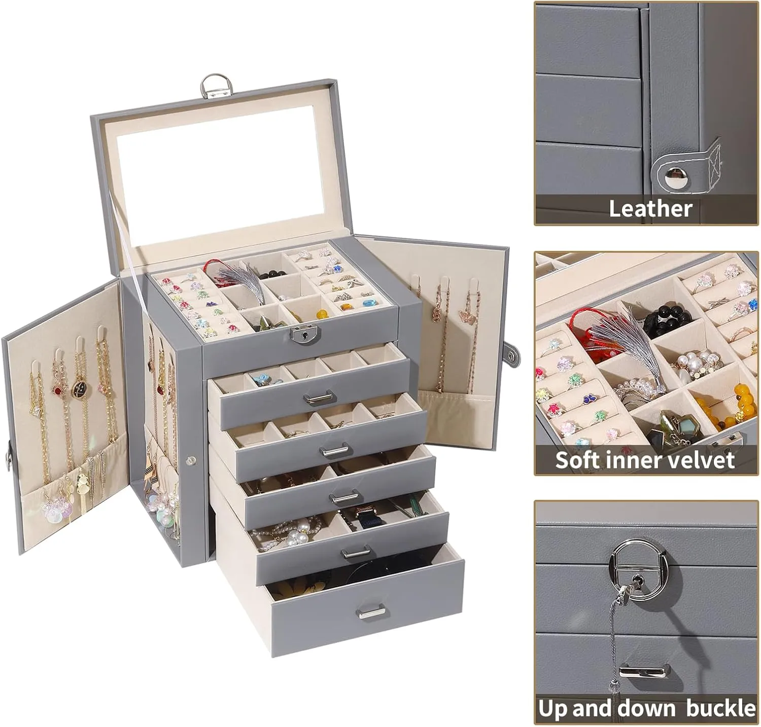 BOOVO Jewelry Box For women, 6 Layer Large Jewelry Organizer With Mirror, Multi-Function Storage Box With Lock, Accessory Holder With 5 Drawers, For Earrings Necklace Ring Bracelet (Gray)