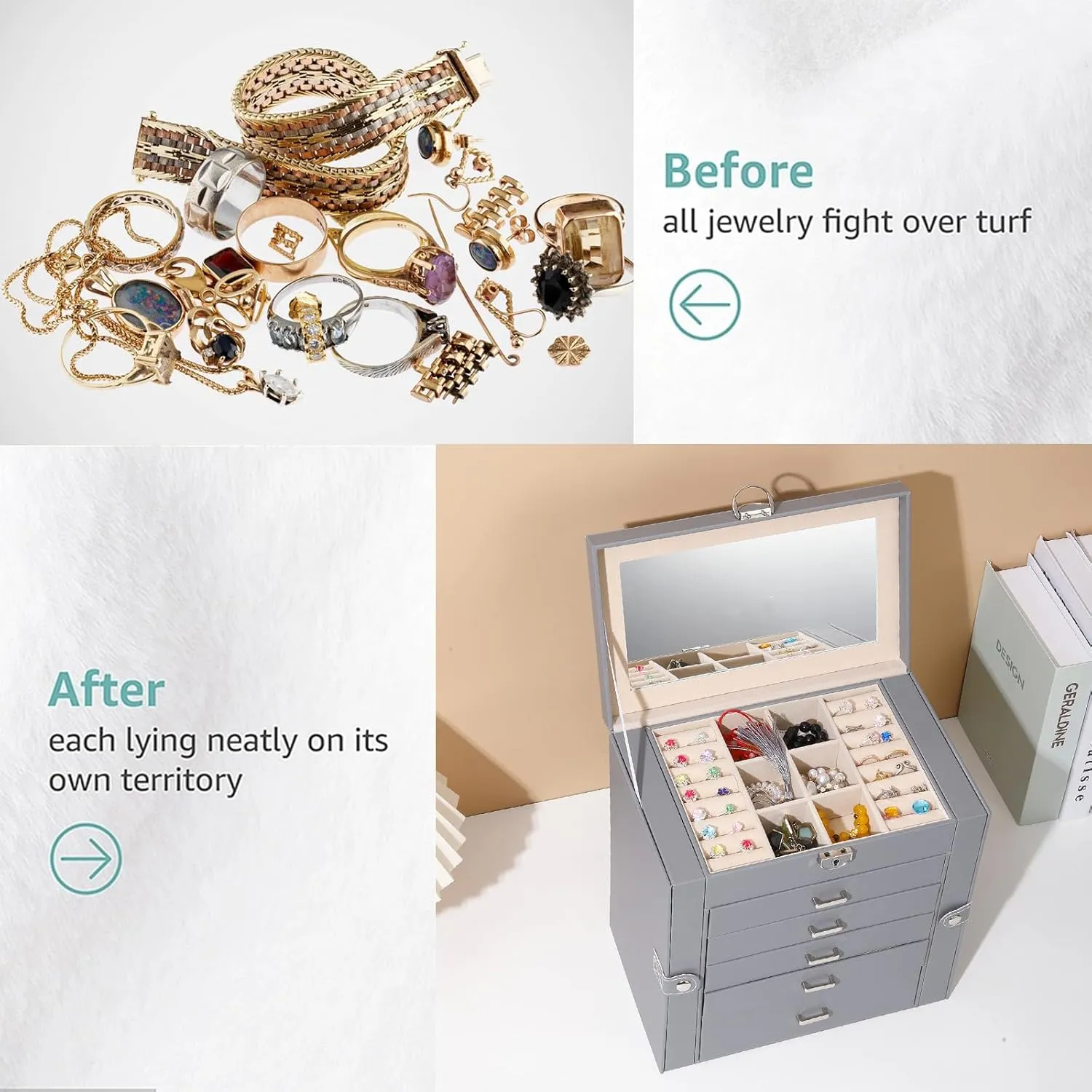 BOOVO Jewelry Box For women, 6 Layer Large Jewelry Organizer With Mirror, Multi-Function Storage Box With Lock, Accessory Holder With 5 Drawers, For Earrings Necklace Ring Bracelet (Gray)
