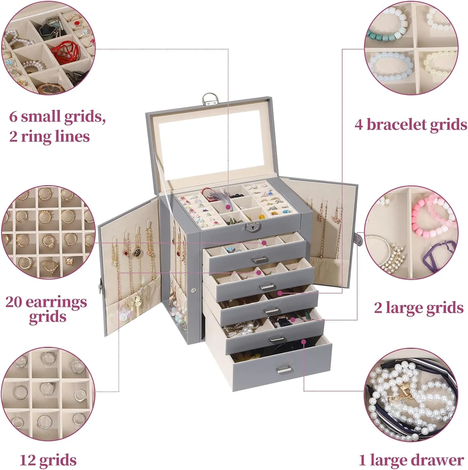 BOOVO Jewelry Box For women, 6 Layer Large Jewelry Organizer With Mirror, Multi-Function Storage Box With Lock, Accessory Holder With 5 Drawers, For Earrings Necklace Ring Bracelet (Gray)