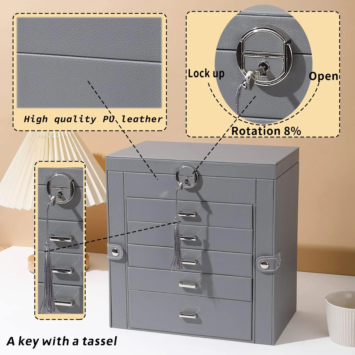 BOOVO Jewelry Box For women, 6 Layer Large Jewelry Organizer With Mirror, Multi-Function Storage Box With Lock, Accessory Holder With 5 Drawers, For Earrings Necklace Ring Bracelet (Gray)