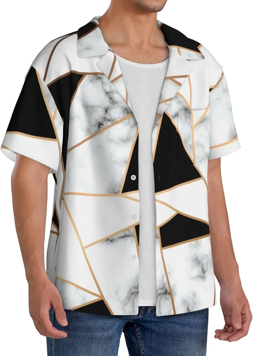 BREAUX Black and White Marble Texture Print Men's Fashionable Cuban Collar Shirts for Tropical Parties and Casual Occasions