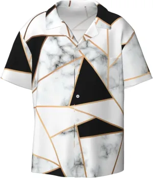BREAUX Black and White Marble Texture Print Men's Fashionable Cuban Collar Shirts for Tropical Parties and Casual Occasions