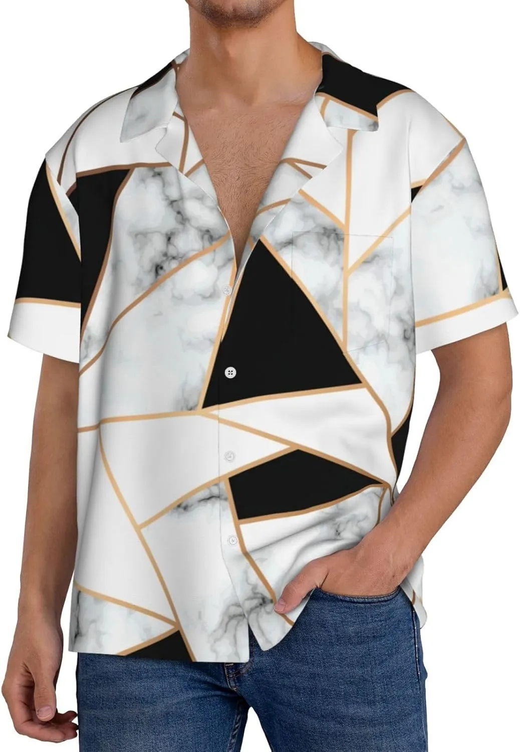 BREAUX Black and White Marble Texture Print Men's Fashionable Cuban Collar Shirts for Tropical Parties and Casual Occasions