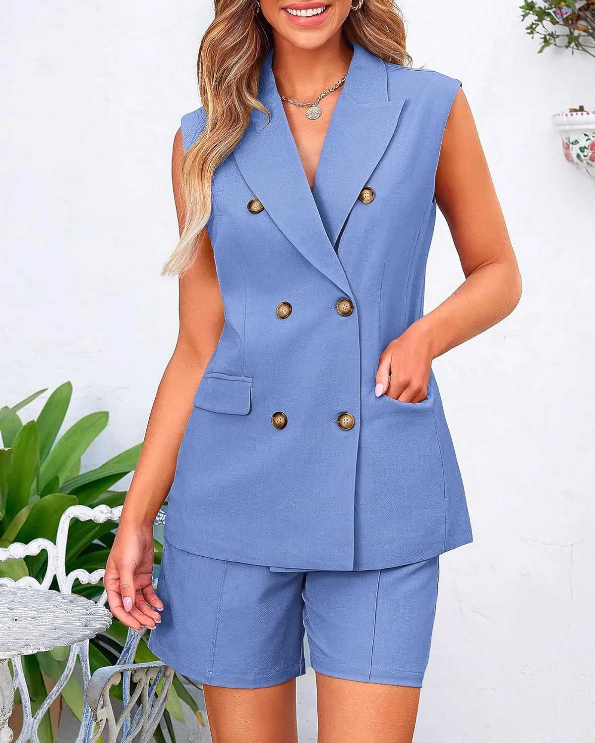 BTFBM Womens Blazer Vest Shorts Sets Lapel Neck Casual Sleeveless Button Down Office Summer 2 Piece Lounge Matching Sets