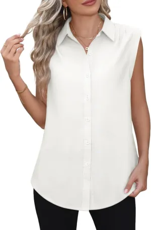 Cap Sleeve Button Down Shirts for Women Dressy Casual Work Blouses Business Basic Tank Tops Summer Flowy Shirt