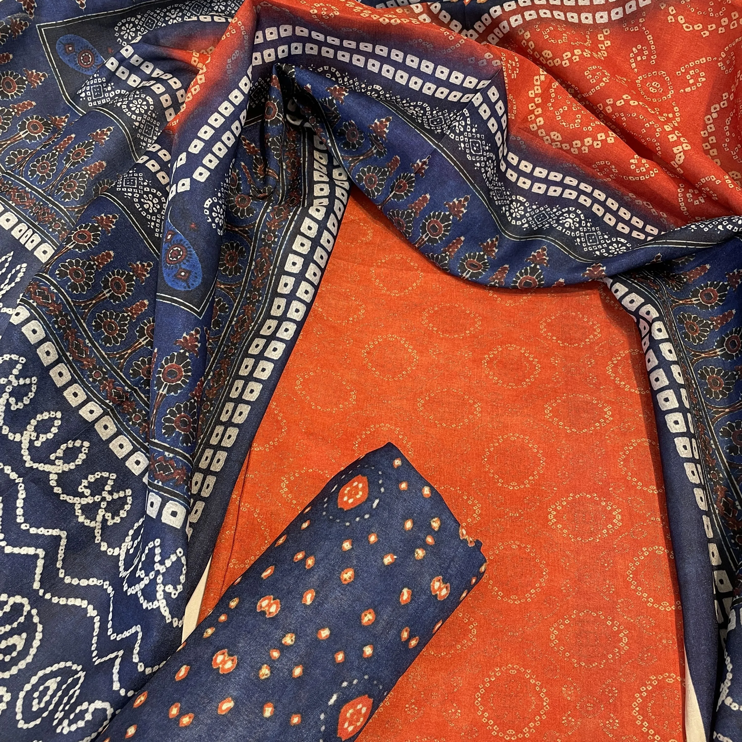 Classic Red Blue Bandhani Print  Manipuri Silk Suit Set With Dupatta