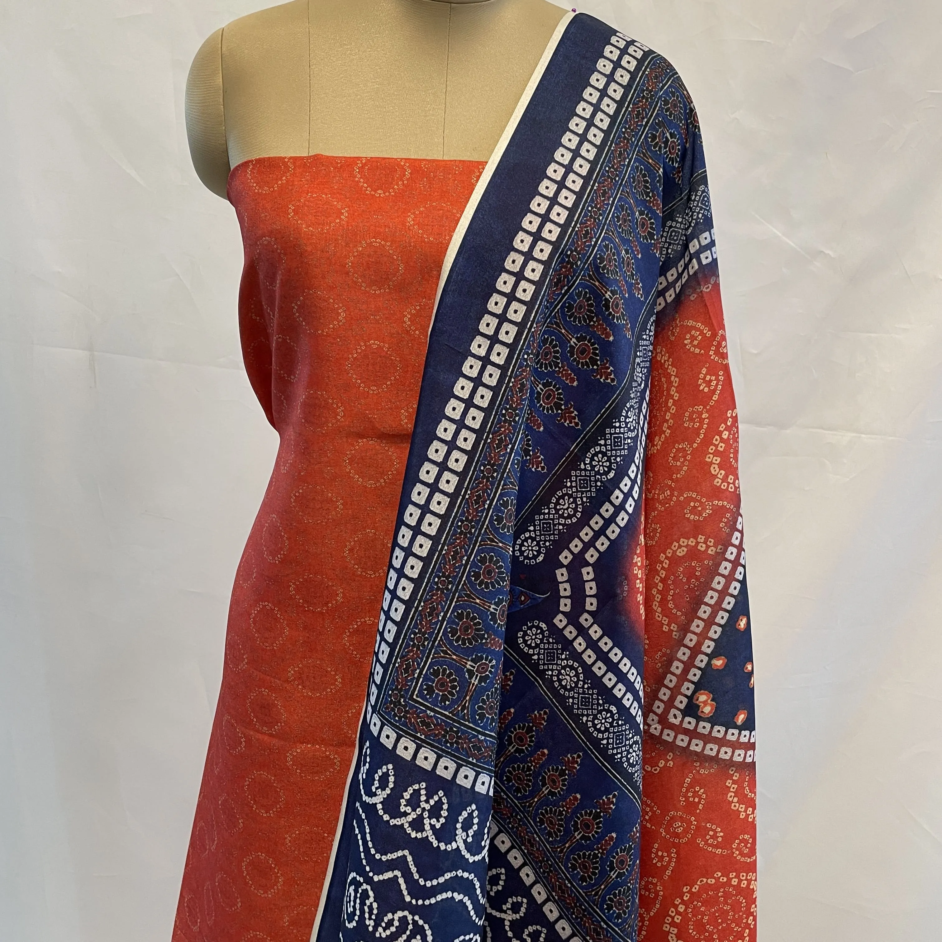 Classic Red Blue Bandhani Print  Manipuri Silk Suit Set With Dupatta