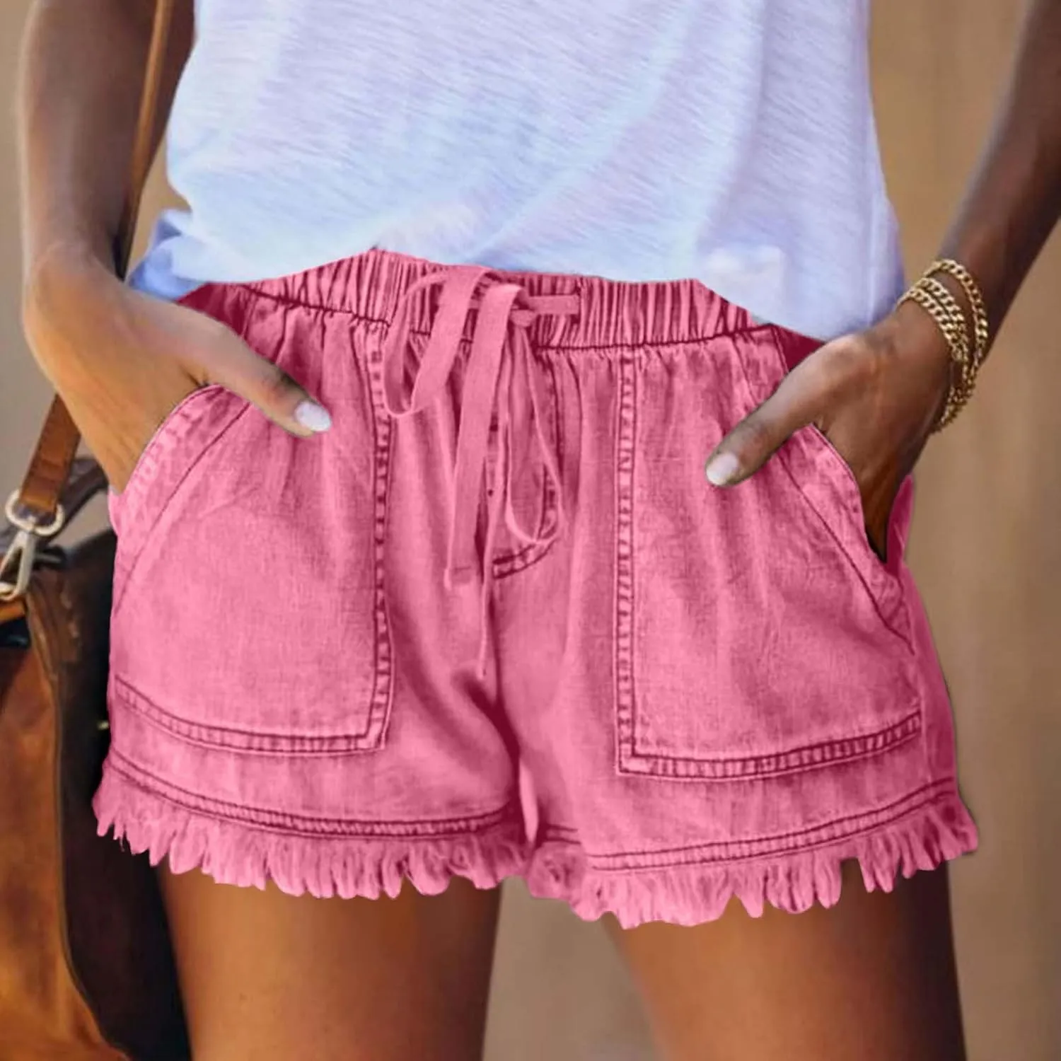 Drawstring Jean Shorts for Women Summer Casual Elastic Waist Raw Hem Denim Shorts Loose Fit Short Pants with Pockets