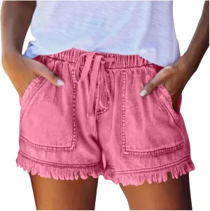 Drawstring Jean Shorts for Women Summer Casual Elastic Waist Raw Hem Denim Shorts Loose Fit Short Pants with Pockets