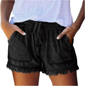 Drawstring Jean Shorts for Women Summer Casual Elastic Waist Raw Hem Denim Shorts Loose Fit Short Pants with Pockets