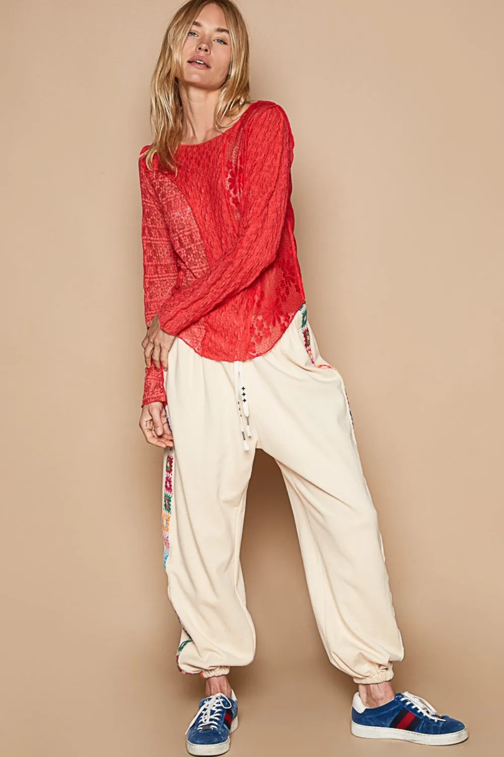 Exposed Seam Long Sleeve Lace Knit Top