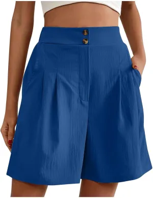 fanmpghleoo Linen Shorts for Women Dressy Casual Pleated Mid Thigh High Waisted Shorts Business Wide Leg Linen Dress Pants