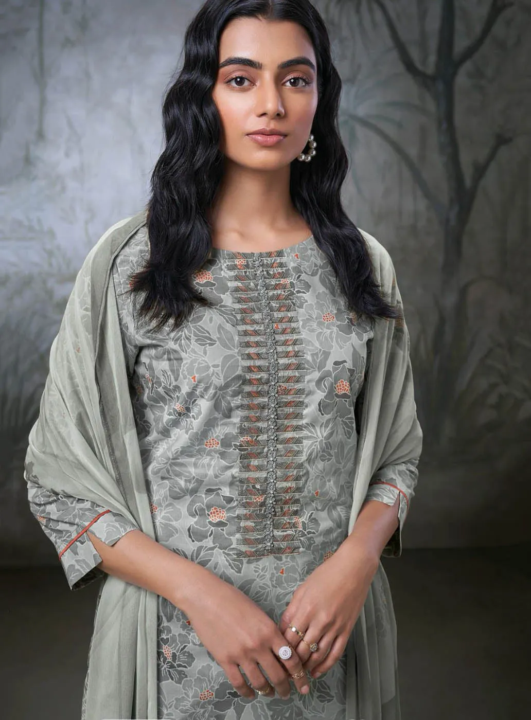 Ganga Grey Pure Cotton Unstitched Suit Fabric Material for Women
