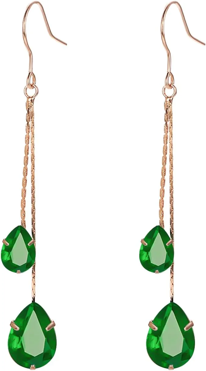Green/Blue/Black/Red CZ Drop Earrings for Women Rose Gold Plated Long Dangle Chain Earring Elegant Trendy Jewelry