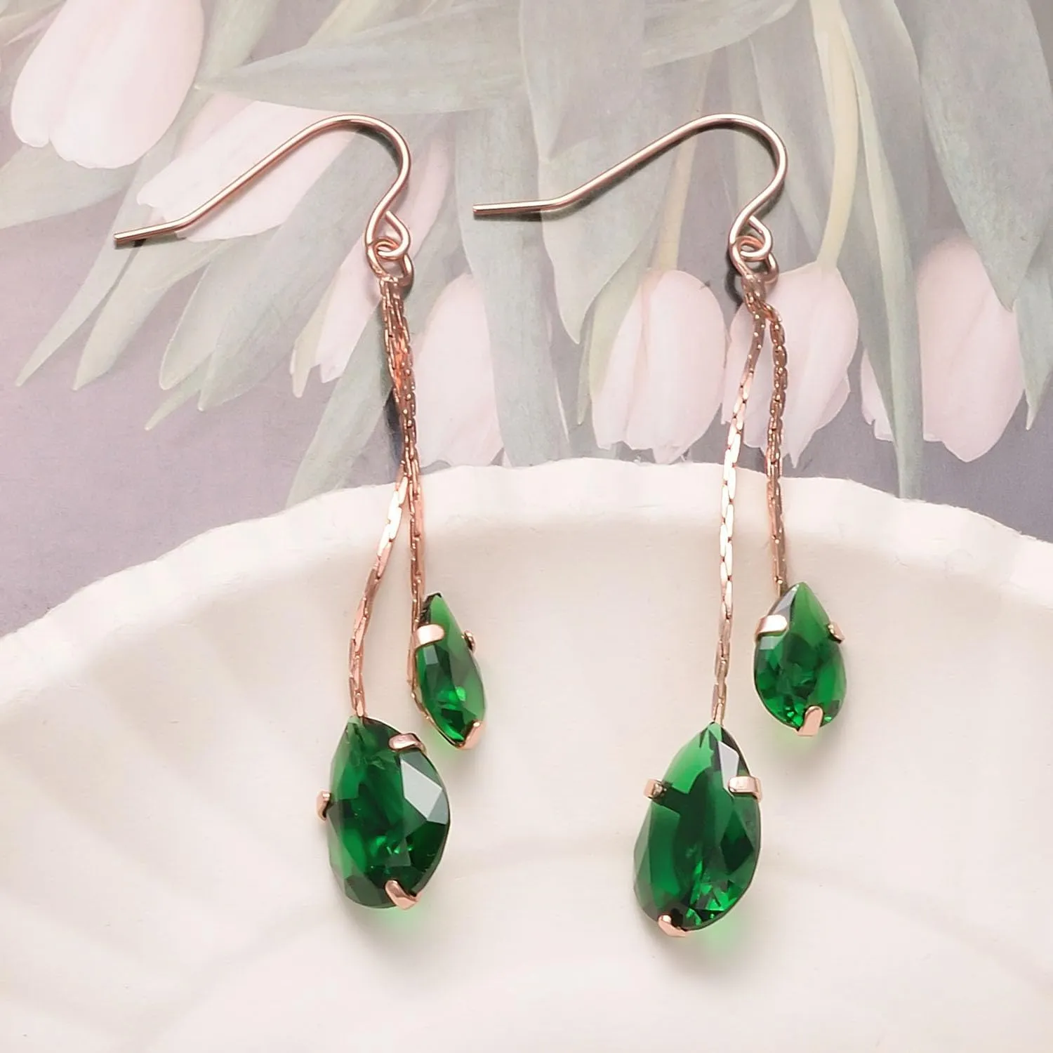 Green/Blue/Black/Red CZ Drop Earrings for Women Rose Gold Plated Long Dangle Chain Earring Elegant Trendy Jewelry