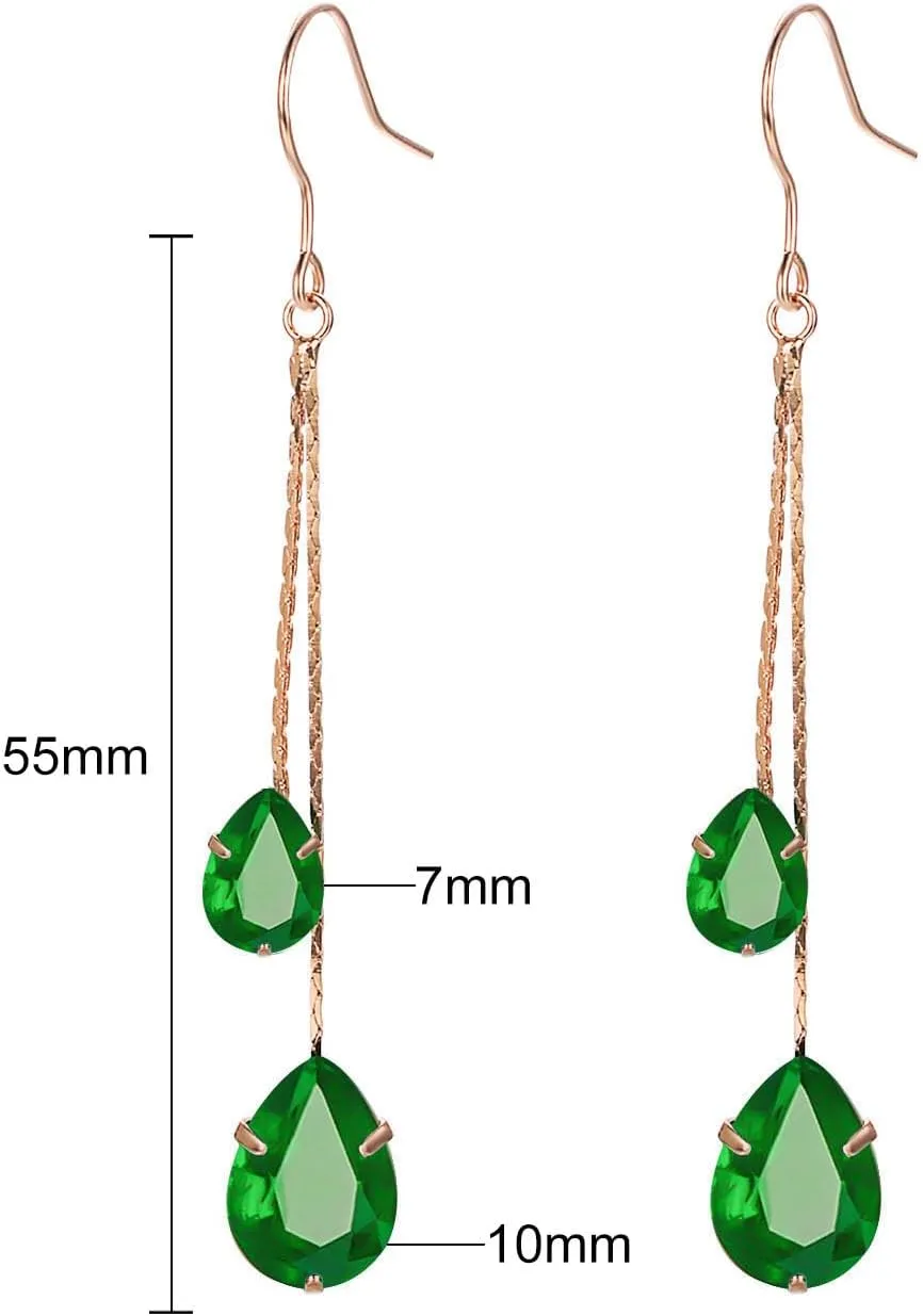 Green/Blue/Black/Red CZ Drop Earrings for Women Rose Gold Plated Long Dangle Chain Earring Elegant Trendy Jewelry