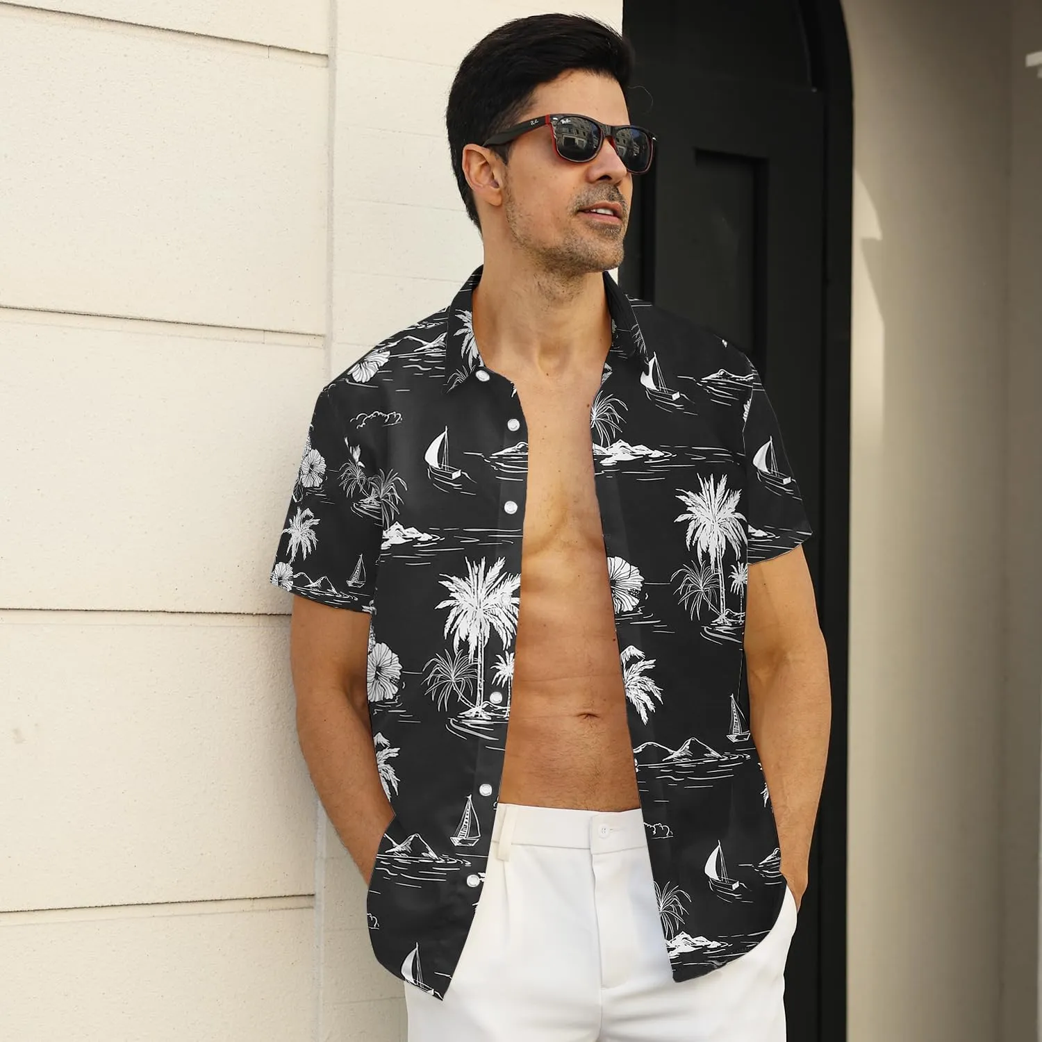 Hawaiian Shirt for Men Sleeves Printed Casual Button Down Summer Beach Dress Shirts