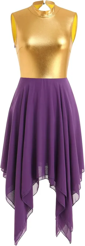 IBAKOM Praise Dance Dress for Women Gold Metallic Chiffon Asymmetric Skirt Lyrical Contemporary Dance Liturgical Overlays