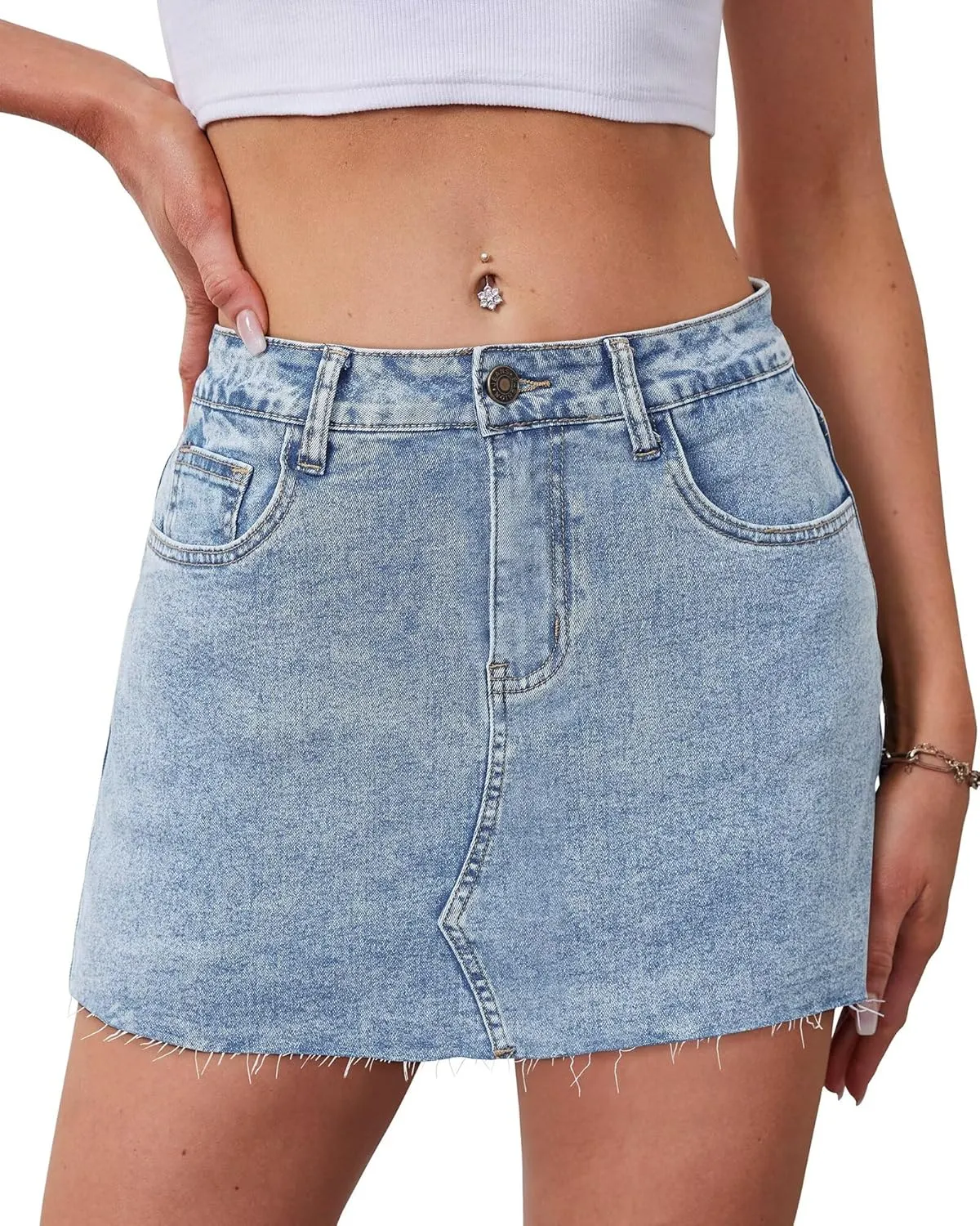 KDF Denim Skort for Women Denim Skirt with Shorts Frayed Raw Hem Mini Skort Blue Jean Skirt for Women Jean Skort