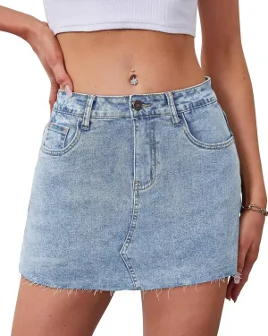KDF Denim Skort for Women Denim Skirt with Shorts Frayed Raw Hem Mini Skort Blue Jean Skirt for Women Jean Skort