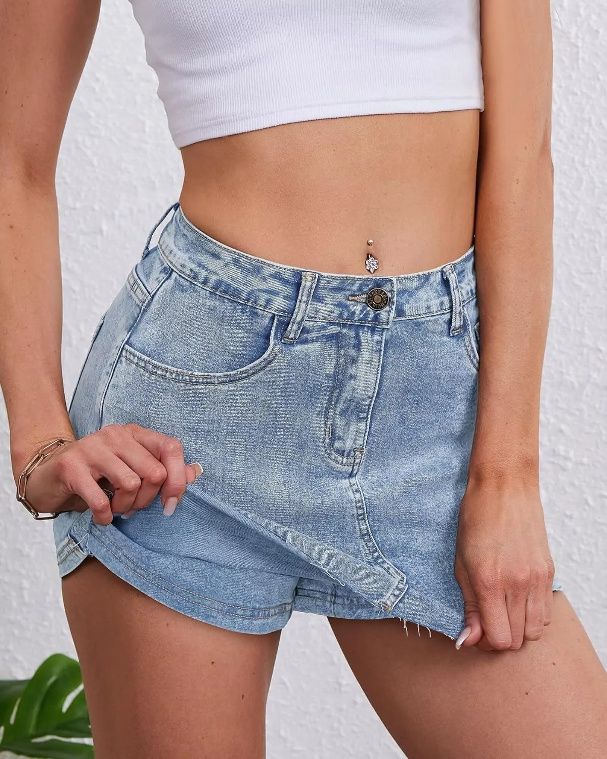 KDF Denim Skort for Women Denim Skirt with Shorts Frayed Raw Hem Mini Skort Blue Jean Skirt for Women Jean Skort