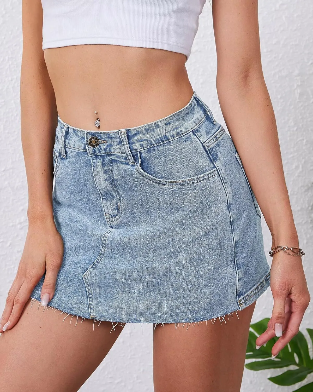 KDF Denim Skort for Women Denim Skirt with Shorts Frayed Raw Hem Mini Skort Blue Jean Skirt for Women Jean Skort