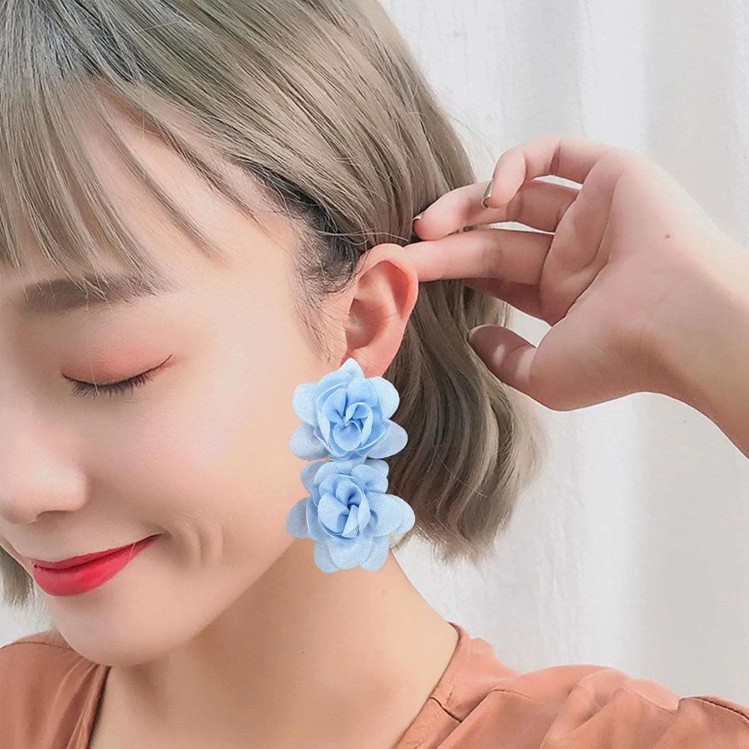 Large Flower Statement Stud Earrings Red Fabric Flower Oversized Exaggerated Dangle Earrings Jewelry for Women