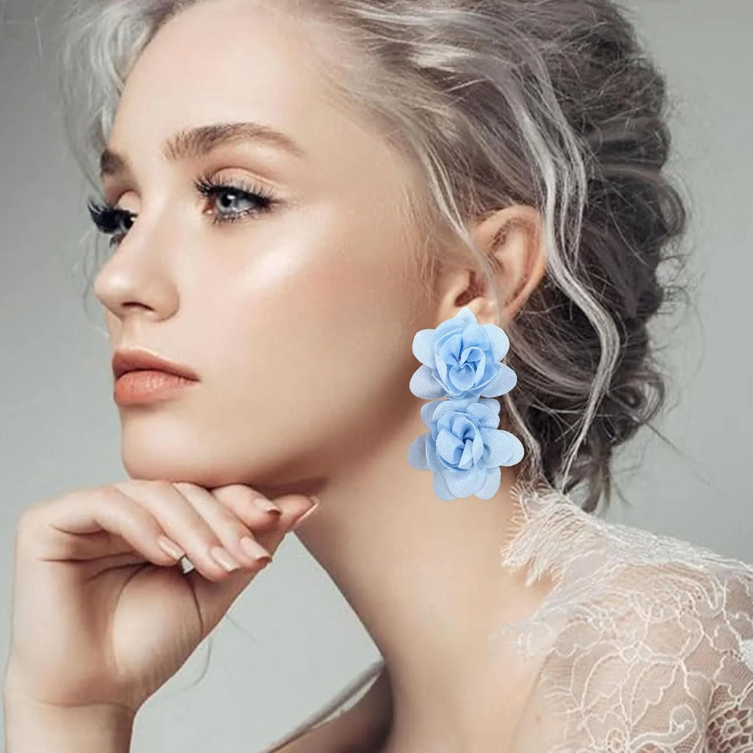 Large Flower Statement Stud Earrings Red Fabric Flower Oversized Exaggerated Dangle Earrings Jewelry for Women
