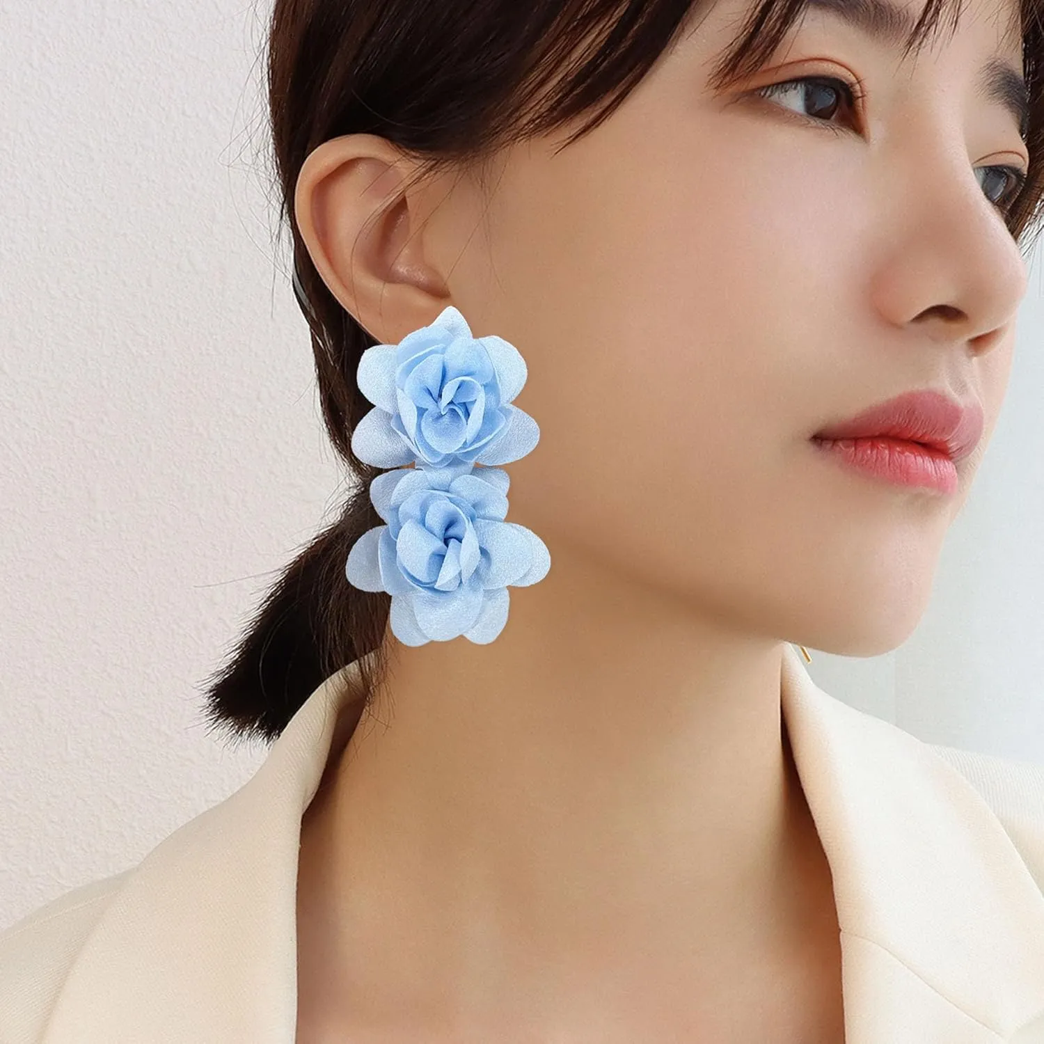 Large Flower Statement Stud Earrings Red Fabric Flower Oversized Exaggerated Dangle Earrings Jewelry for Women