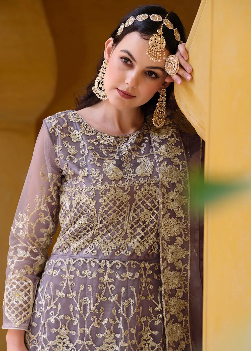 Light Purple Pure Butterfly Net Wedding Wear Anarkali Suit