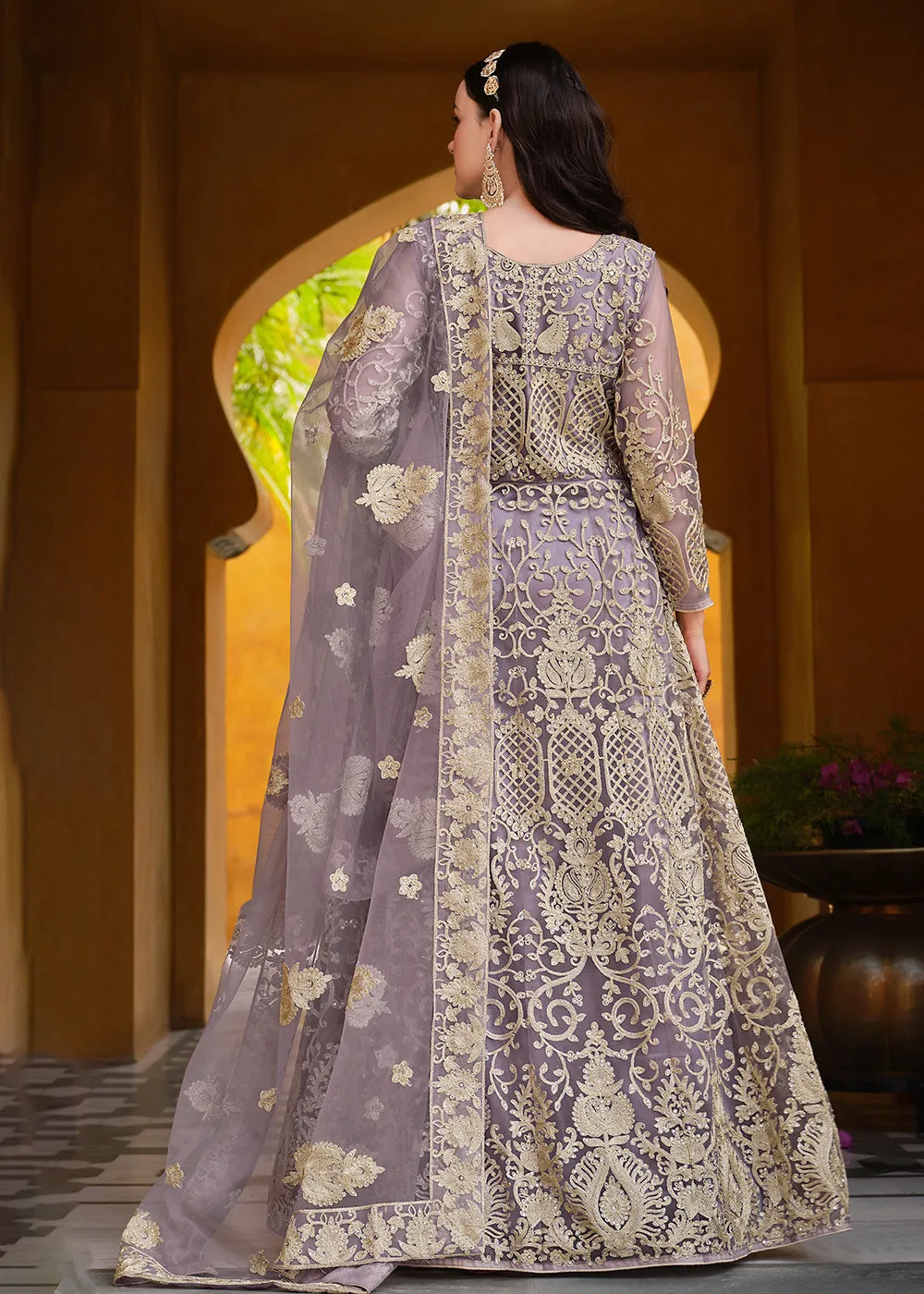 Light Purple Pure Butterfly Net Wedding Wear Anarkali Suit