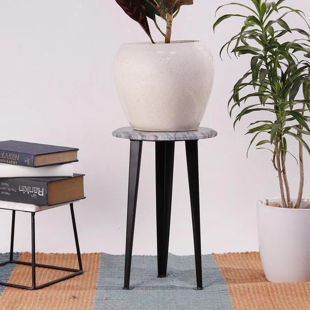 Marble & Metal Round Top Plant Stand For Indoor And Outdoor Plantation