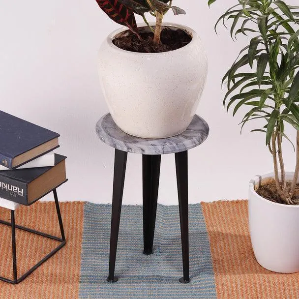 Marble & Metal Round Top Plant Stand For Indoor And Outdoor Plantation