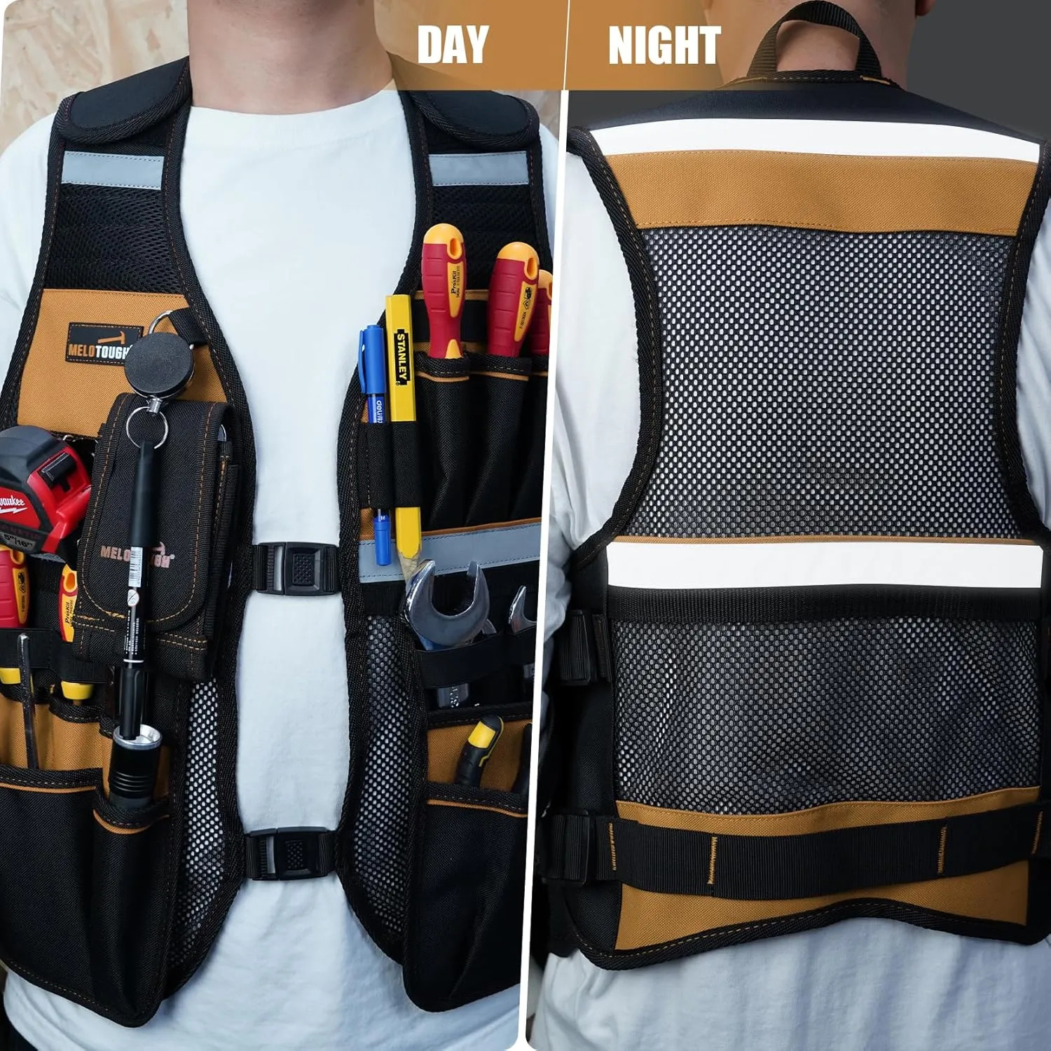 MELOTOUGH Tool Vest for Men Reflective Safety Tool Vest with Adjustable Straps,Removable Phone Holder for Electrical,Carpenters,Construction(Khaki)