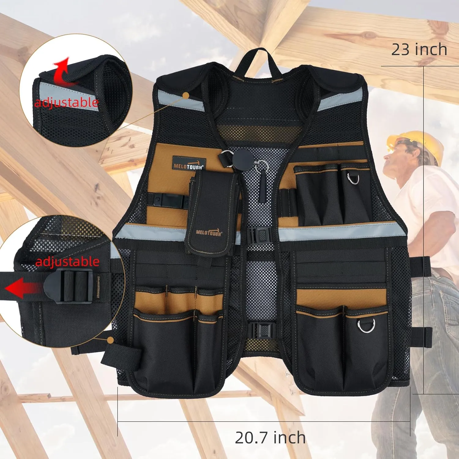 MELOTOUGH Tool Vest for Men Reflective Safety Tool Vest with Adjustable Straps,Removable Phone Holder for Electrical,Carpenters,Construction(Khaki)