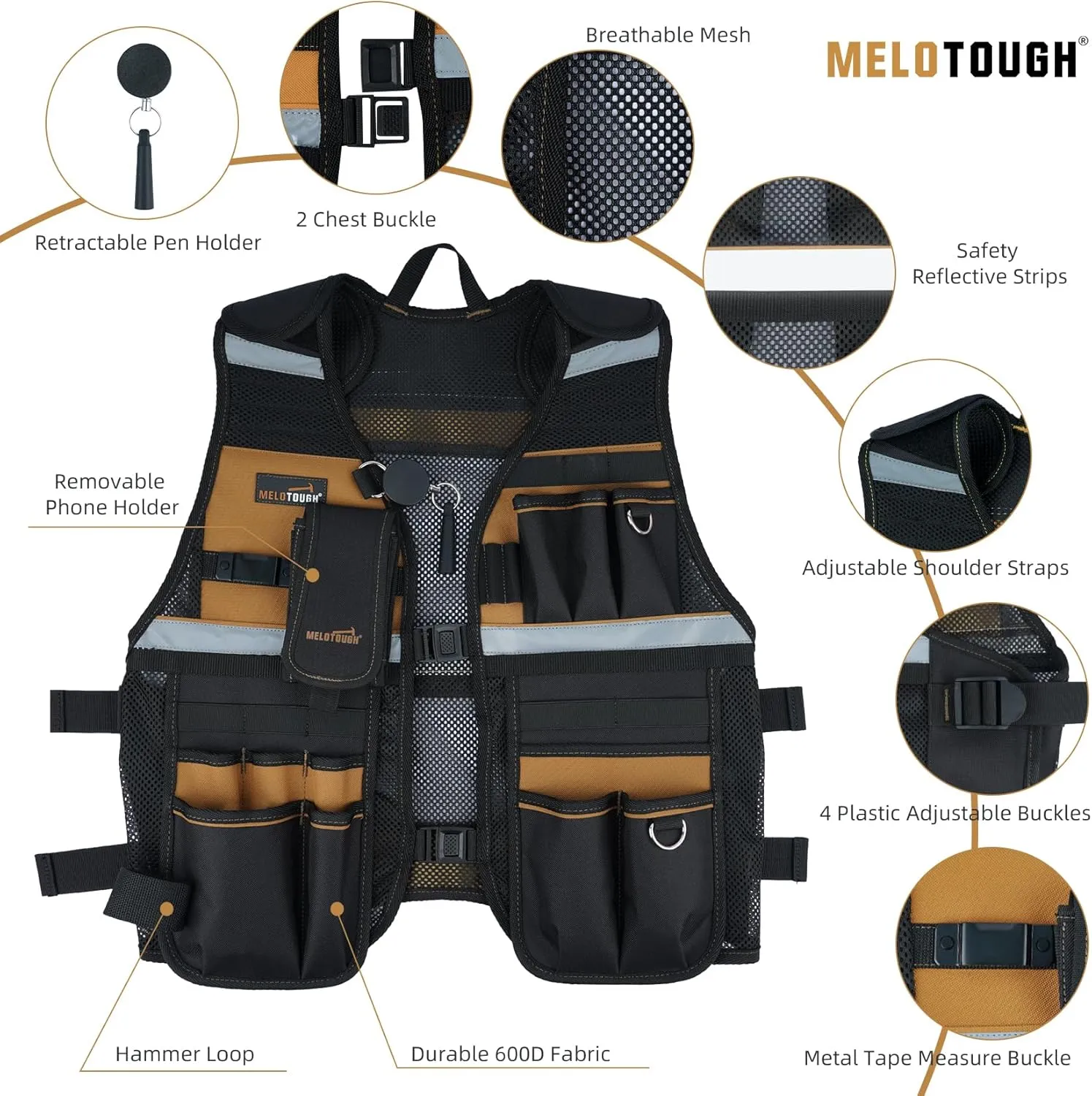 MELOTOUGH Tool Vest for Men Reflective Safety Tool Vest with Adjustable Straps,Removable Phone Holder for Electrical,Carpenters,Construction(Khaki)