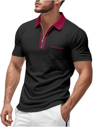 Mens Quarter Zip Golf Polo Short Sleeve Shirts Leisure Color Block Lapel Zipper Polo T Shirt Slim Fit Tee Clothes