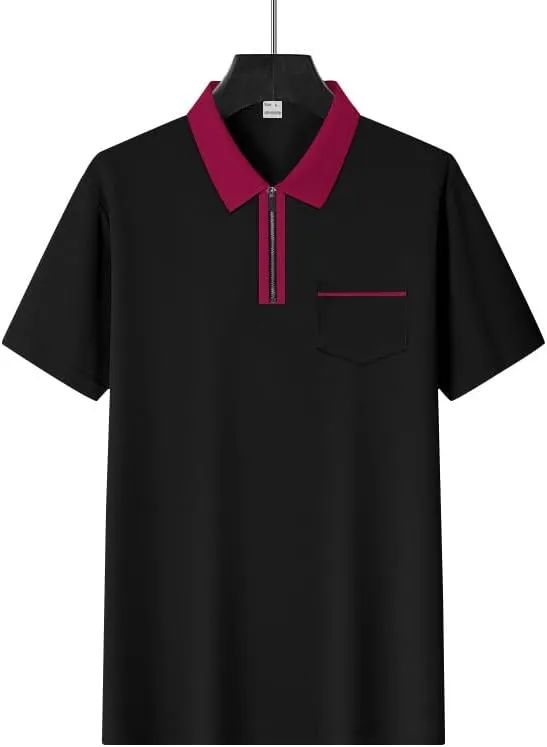 Mens Quarter Zip Golf Polo Short Sleeve Shirts Leisure Color Block Lapel Zipper Polo T Shirt Slim Fit Tee Clothes