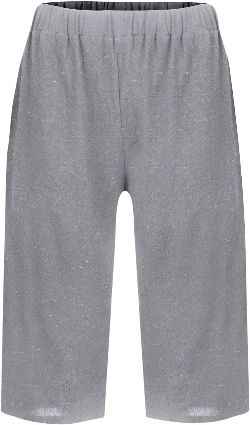 Pedal Pushers for Women Summer Pull On Bermuda Cotton Linen Shorts Knee Length Casual Beach Yoga Shorts with Pockets